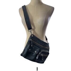 "FOSSIL" Black Leather Crossbody Zippers Adjustable Strap Goth Y2K Academia
